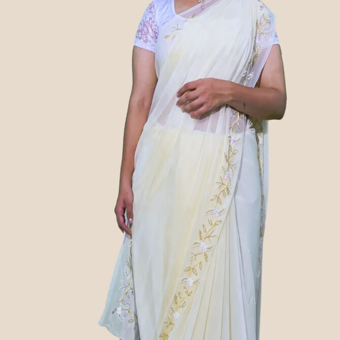 Georgette Saree in Cream Color with Zari Handwork