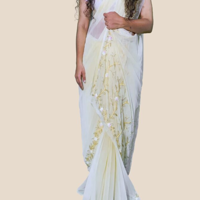 Cream Georgette Saree Front View