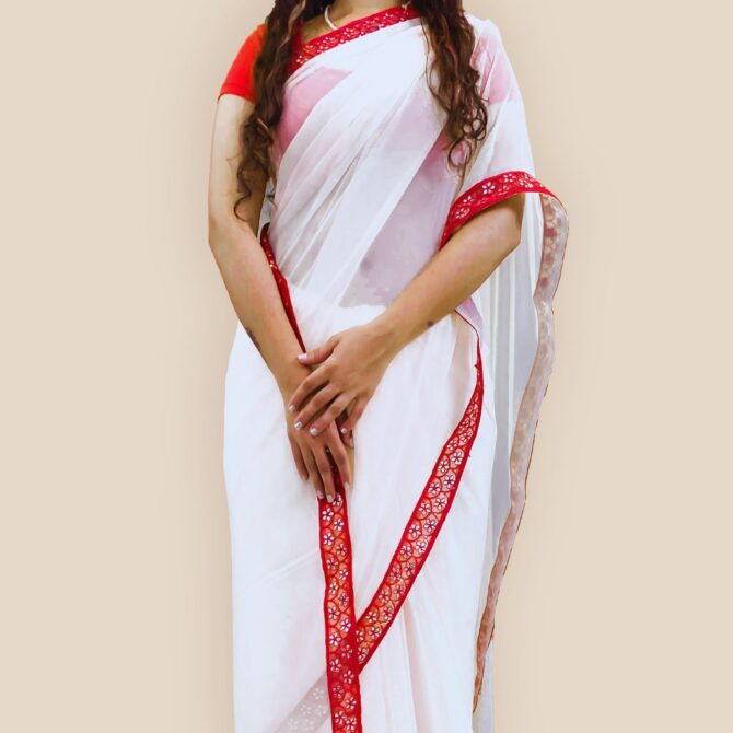 Cream Georgette Saree with red Gotta Patti Lace and Velvet Blouse