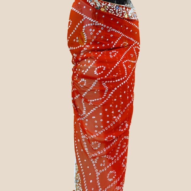 Red bandhani saree - back view