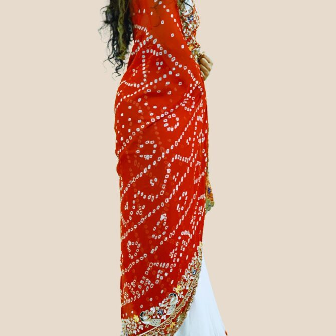 Red Bandhani Saree - side view